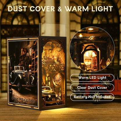 Book Nook Kit DIY – Car Players 3D Wooden Bookshelf Insert with LED Light, Vintage Alley Miniature Scene, Creative Craft Model Building Set, Unique Birthday Gift for Book Lovers Adults Teens