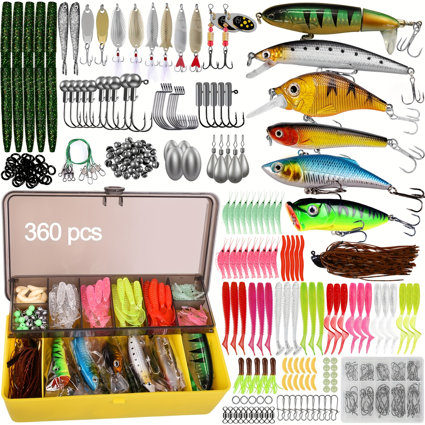 Fishing Lures Tackle Box Kit 52–360pcs – Animated Lures, Crankbaits, Spinnerbaits, Soft Plastic Worms & Topwater Lures for Bass, Trout, Salmon – Saltwater & Freshwater