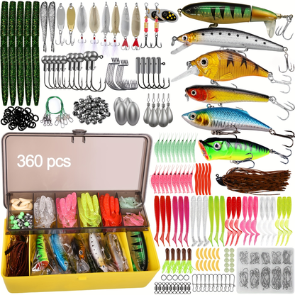 Fishing Lures Tackle Box Kit 52–360pcs – Animated Lures, Crankbaits, Spinnerbaits, Soft Plastic Worms & Topwater Lures for Bass, Trout, Salmon – Saltwater & Freshwater