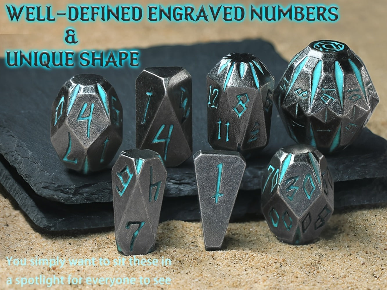 Metal DnD Dice Set 7pcs Glow in the Dark – Stonehenge Zinc Alloy Polyhedral Dice with Display Box, D4 D6 D8 D10 D12 D20 for D&D RPG Tabletop Games, Unique Gamer Gift Blue