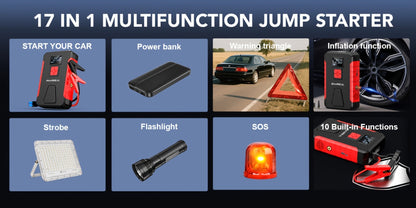 Portable Jump Starter with Air Compressor – 15000A-19000A Peak 350PSI 12V 17-in-1 Car Battery Jump Starter, Digital Display, LED Light & Smart Clamp for Cars Trucks SUVs