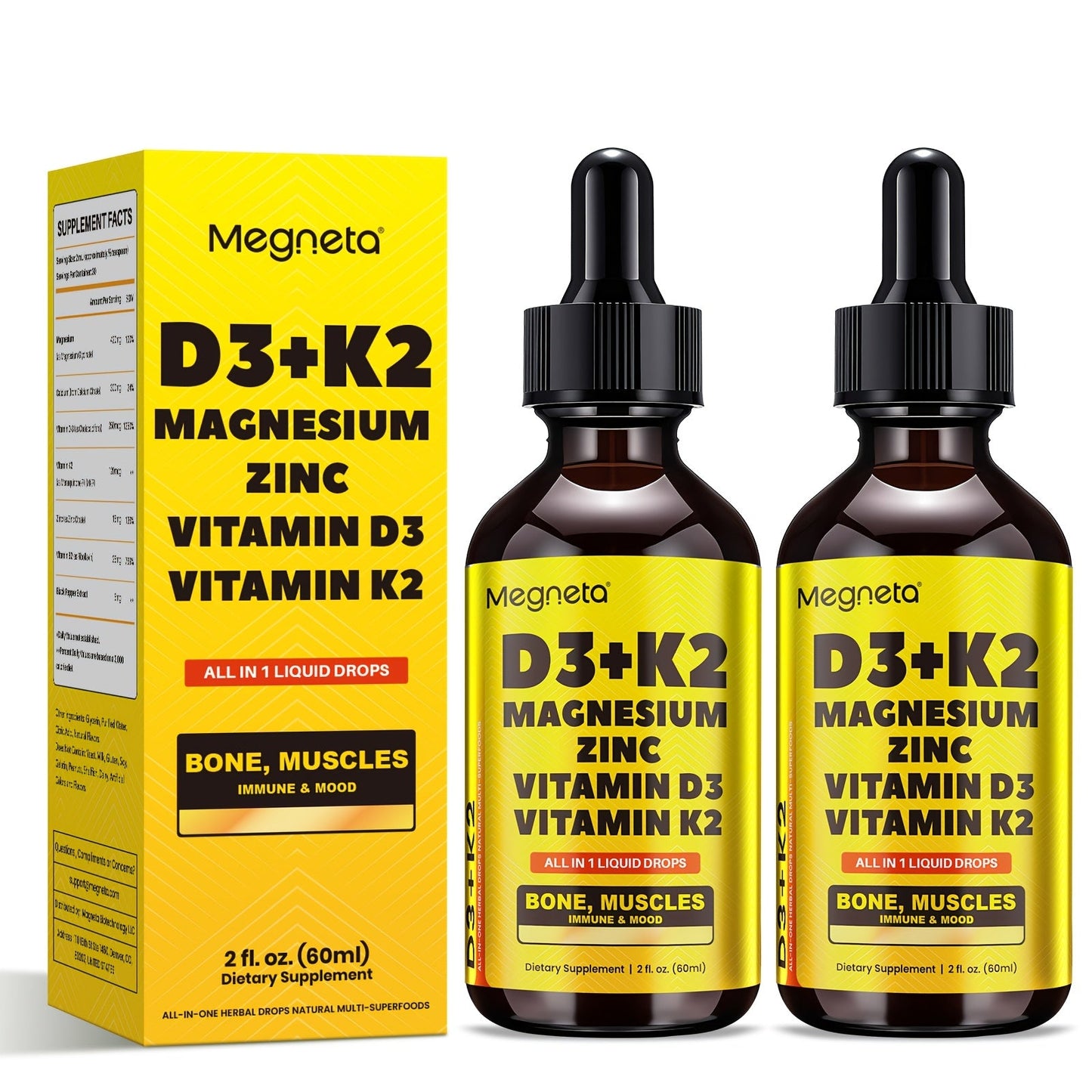 Vitamin D3 Liquid Drops 10000 IU with K2 MK-7 120mcg Magnesium Zinc Vitamin B2 — Sugar-Free High Potency D3 K2 Formula for Calcium Absorption Bone Immune Mood Health 2 fl oz