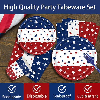 4th of July Party Supplies 140 Pcs – Patriotic Disposable Paper Plates & Napkins for Independence Day BBQ, Memorial Day & Red White Blue Party Decorations Serves 20 Guests