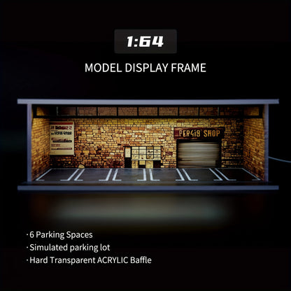 1:64 Diecast Car Display Case with LED Lighted Garage Diorama – Expandable Showcase for 6 Model Cars, Clear Acrylic Cover, Dustproof Collector Gift for Men