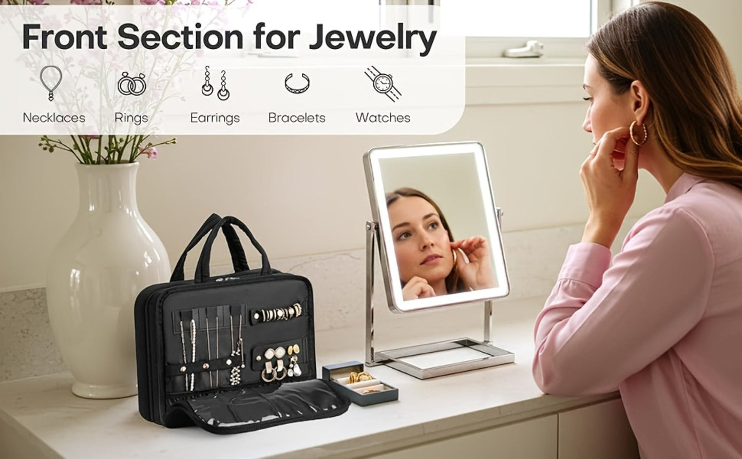 Hanging Travel Toiletry Bag Large Capacity for Full-Size Products Waterproof Cosmetic Organizer with Hook — Bathroom Makeup Travel Bag for Women Pink Beige Black