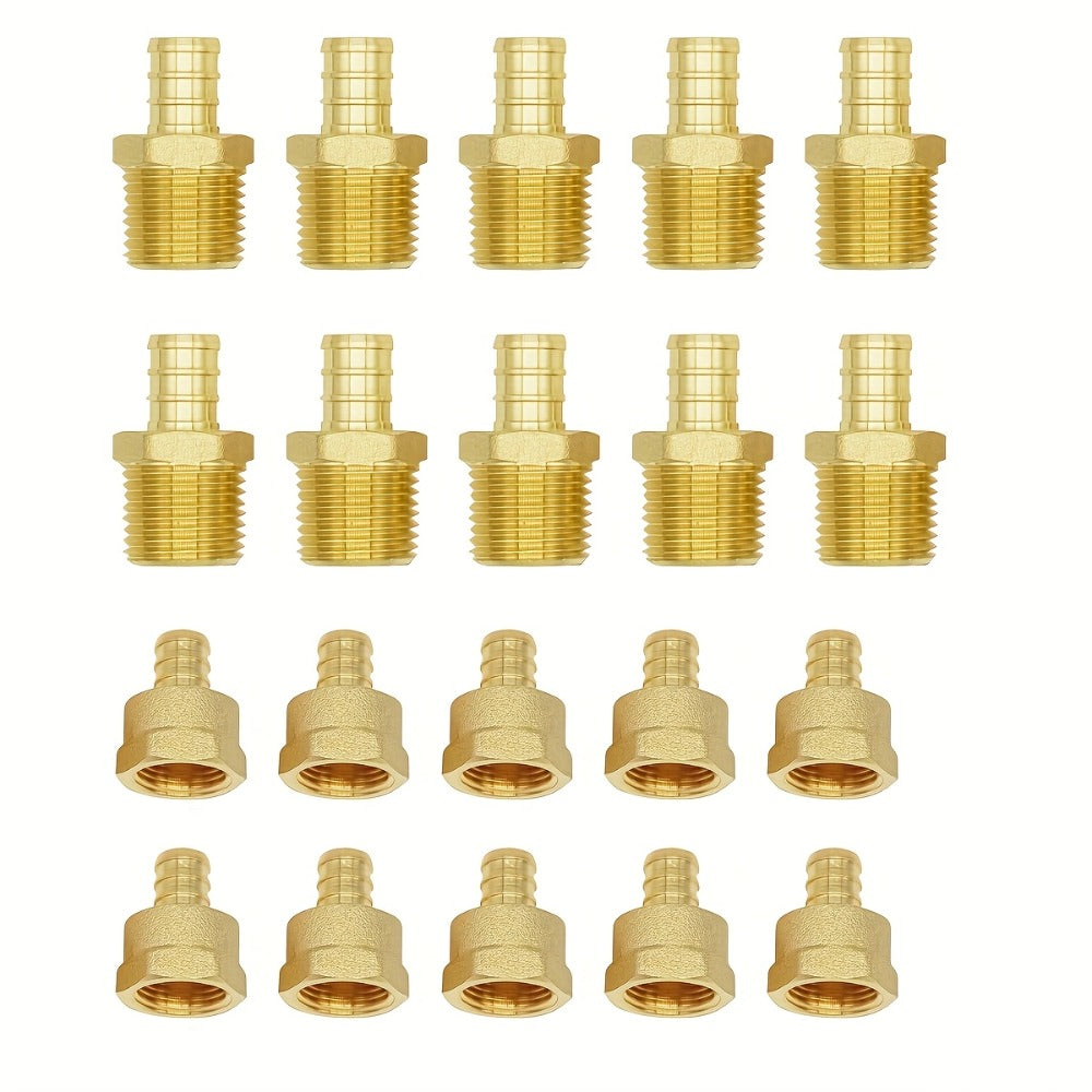 Brass PEX Crimp Adapters 20pcs - 10pcs 1/2" PEX x 1/2" Male NPT & 10pcs 1/2" PEX x 1/2" Female NPT Threaded Adapter, Crimp Fittings for PEX Pipe Plumbing Connections