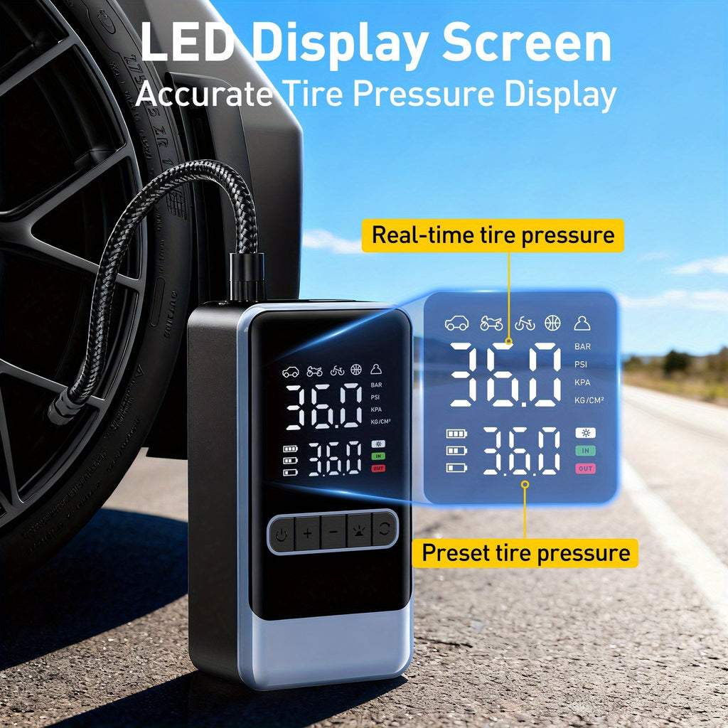 Portable Air Compressor | 150PSI Cordless Tire Inflator with Digital Pressure Gauge and LED Light, USB Charging, Quick Charge, Lithium Polymer Battery, for Car, Moto, Bicycle, Roadside Assistance and Emergency Support in All Terrains