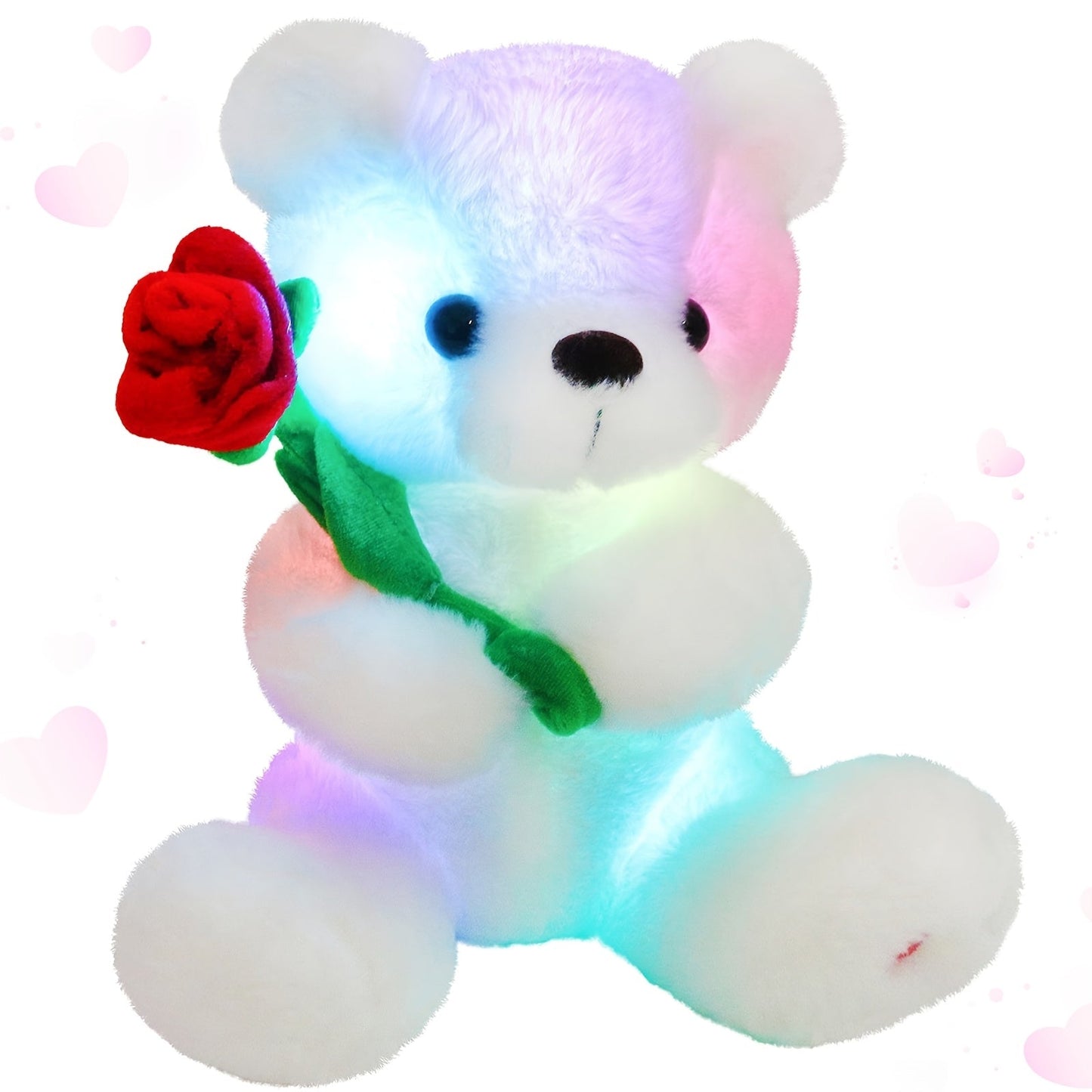 Rose Bear Plush with LED Light Glowing White Bear with Flowers Romantic Stuffed Animal Gift for Her Women Girls Girlfriend Mom Valentine's Day Mother's Day Birthday Anniversary