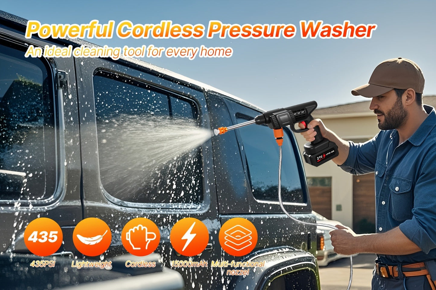 Cordless Pressure Washer 300W - 6-in-1 Nozzle, 1.3GPM Handheld Car Wash Gun with 15000mAh Battery, 60-Min Runtime for Car, Home, Garden & Floor Cleaning