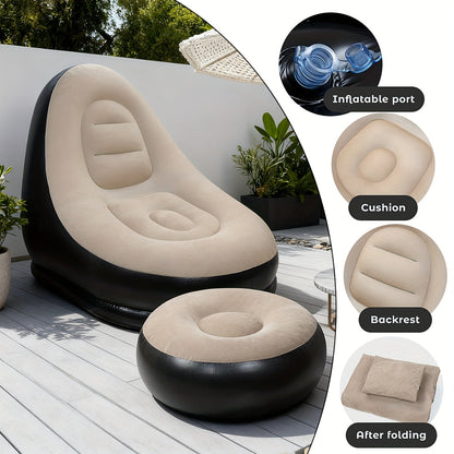 Inflatable Recliner Sofa with Footstool Set - Heavy Duty Portable Folding Air Couch with Plush Fabric & Pump Included, Space-Saving Indoor Outdoor Lounge Chair for Camping, Backyard, Living Room & Travel, 6 Colors Available
