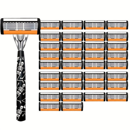 Safety Razor for Men 7-Layer Progressive Blades — Non-Slip Stainless Steel Handle Classic Double Edge Razor for Beard & Mustache Grooming, 1 or 2 Handle + 15–36 Blade Pack Options