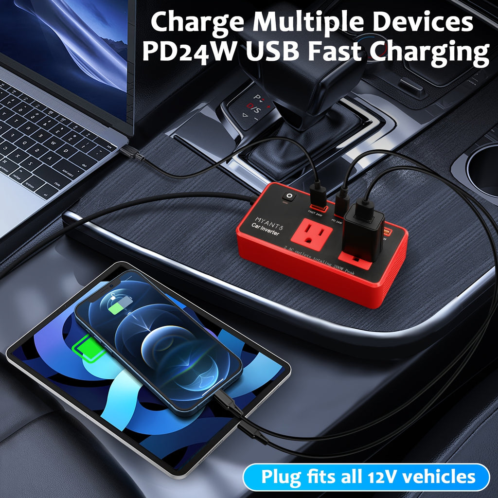 MYANTS 200W Peak Car Inverter, DC 12V to 110V AC Power Inverter for Vehicles, PD 24W USB-C, Dual USB Ports & QC3.0 Fast Charging Ports, High-Speed Charging, Compact Design, No Battery, for MYANTS Car Charger Adapte