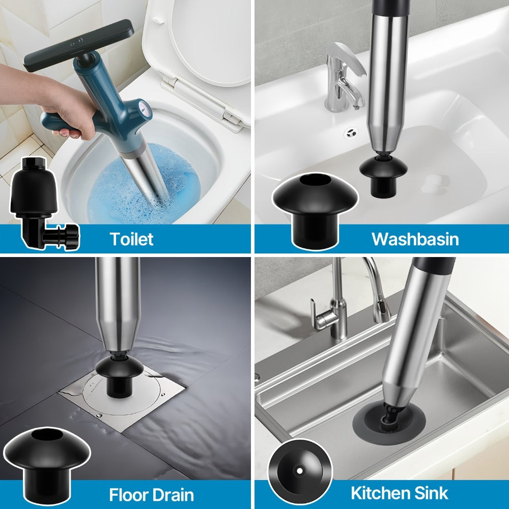 High-Pressure Air Drain Blaster with Real-Time Pressure Indicator - Stainless Steel Toilet Plunger & Sink Drain Unclogger, No Battery Needed, for Toilets Sinks Floor Drains, Durable & Easy to Use, Green