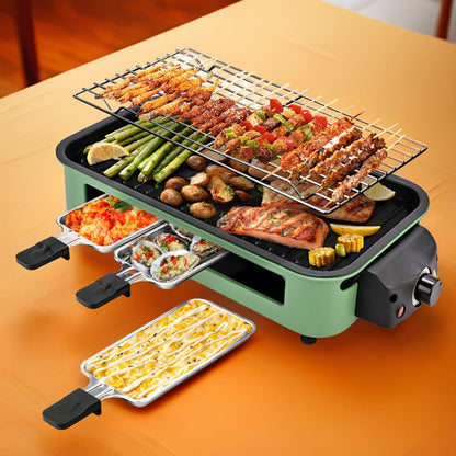 Indoor Electric Smokeless Grill 1500W – Raclette Table Grill with 3 Mini Pans, 16x9" Non-Stick Detachable Plate, Dishwasher Safe, Portable for Home Kitchen