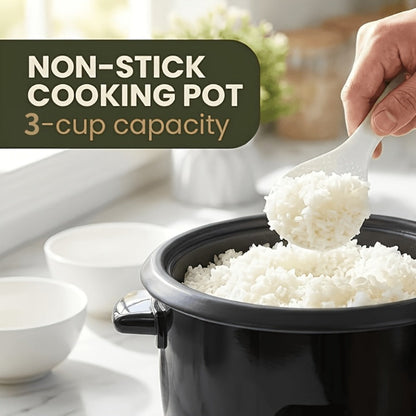 Rice Cooker Small Mini 3-Cup Uncooked 6-Cup Cooked – 1.5Qt Electric Rice Pot with Auto Keep Warm, One-Touch Operation, Oatmeal Cooker & Soup Maker for Individuals & Small Families, Black