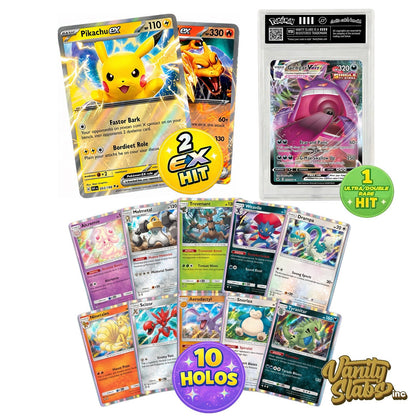 Pokemon Vanity Slab Mystery Bundle – Ultra Rare Hit Card in Display Case + 2 EX Cards + 10 Holo Cards | EX VMAX VSTAR Full Art Alternate Art | Premium Collector Gift for Kids & Fans