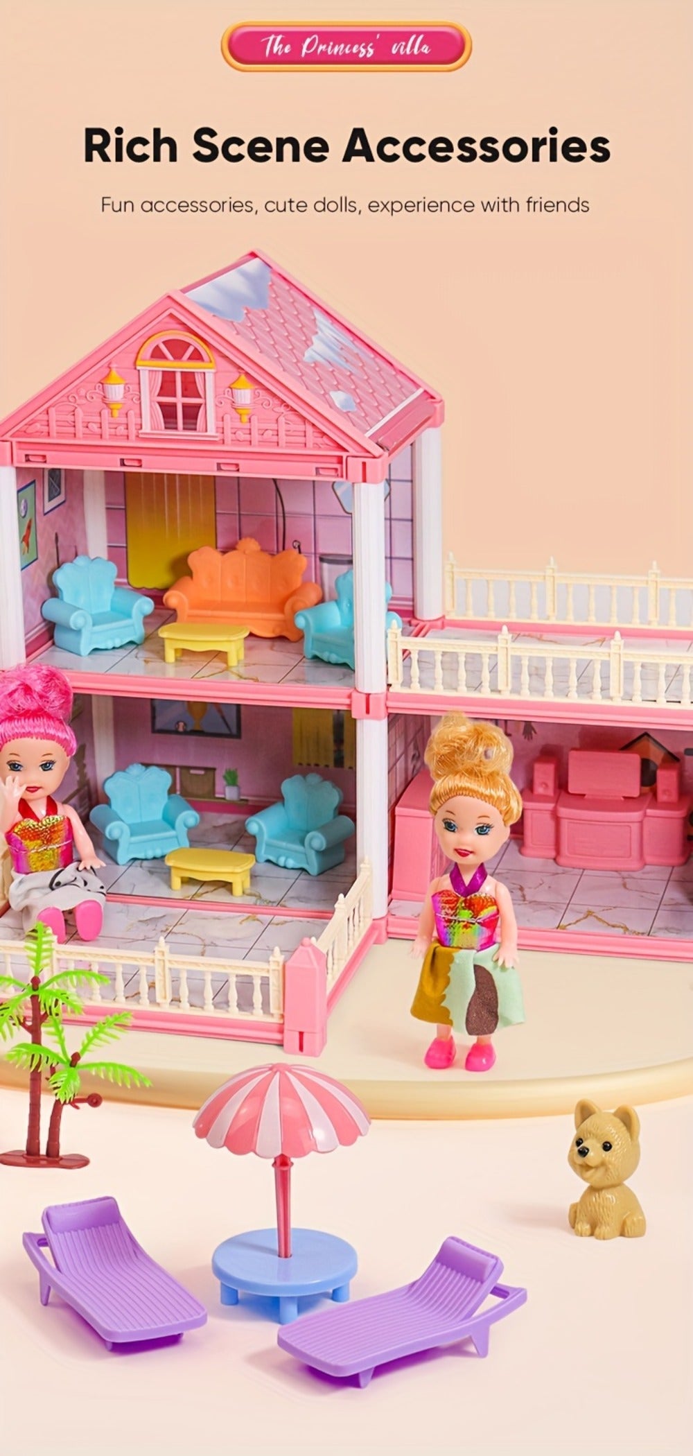 Princess Doll House Castle with Furniture & Accessories – Pink or Blue Mini Villa Playset 14 to 27 Rooms, Imaginative Play Logical Thinking Toy for Girls Ages 3+ Birthday Christmas Gift