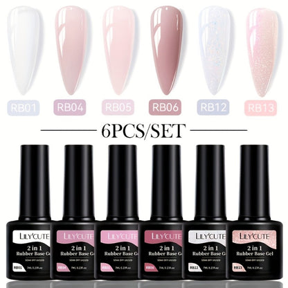 Rubber Base Gel Polish Set 6pcs Nude Pink 2-in-1 Builder Base Coat – Self-Leveling Soak Off UV LED Semi-Permanent Long-Lasting Gel Manicure Kit 0.24oz Each for DIY & Salon Nail Art Women