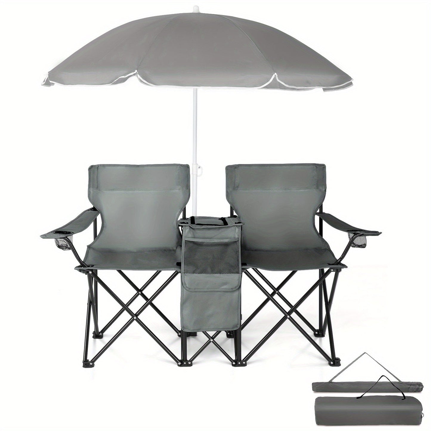 Folding Fishing Chair with Sun Umbrella – 2-Seat Portable Outdoor Chair, Iron Alloy Frame & Oxford Fabric, Built-In Storage Bag & Carry Bag, for Beach, Patio, Camping & Sunbathing, 4 Colors