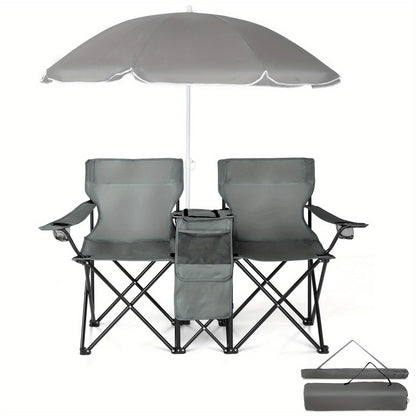 Folding Fishing Chair with Sun Umbrella – 2-Seat Portable Outdoor Chair, Iron Alloy Frame & Oxford Fabric, Built-In Storage Bag & Carry Bag, for Beach, Patio, Camping & Sunbathing, 4 Colors