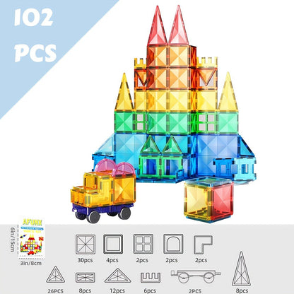 Castle Magnetic Tiles Building Set 102 or 116 Pcs – 3D STEM Sensory Blocks, Pretend Castle Playset for Preschool Boys & Girls Ages 3+, Early Learning & Creative Construction Toy Gift
