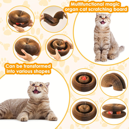 Cat Scratching Board with Ball Track & Bells - Foldable Organ Cardboard Scratcher Pad, Interactive Cat Toy for Indoor Cats, Wear-Resistant Corrugated Scratch Lounge