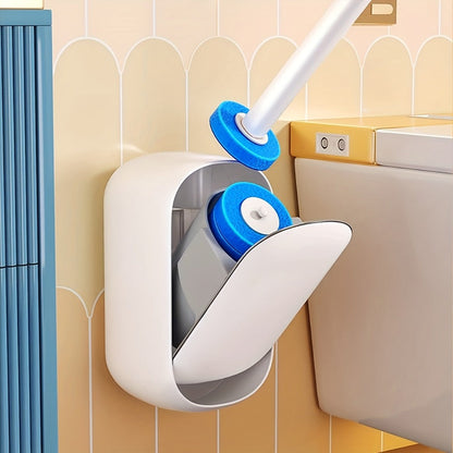 Disposable Toilet Brush & Holder Set with 6 Refill Wands – Wall Mounted, Pre-Loaded Scrubbing Solution, No-Touch Bathroom Cleaning Supplies, White
