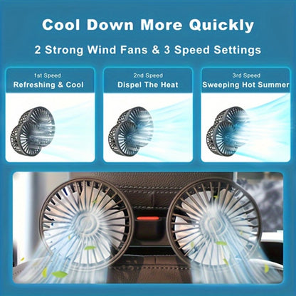 Car Fan for Back Seat - Dual Head USB Cooling Fan, Foldable 360° Rotation, Ultra-Quiet Motor, 70-Inch Cord, for Vehicle, Home & Office Use