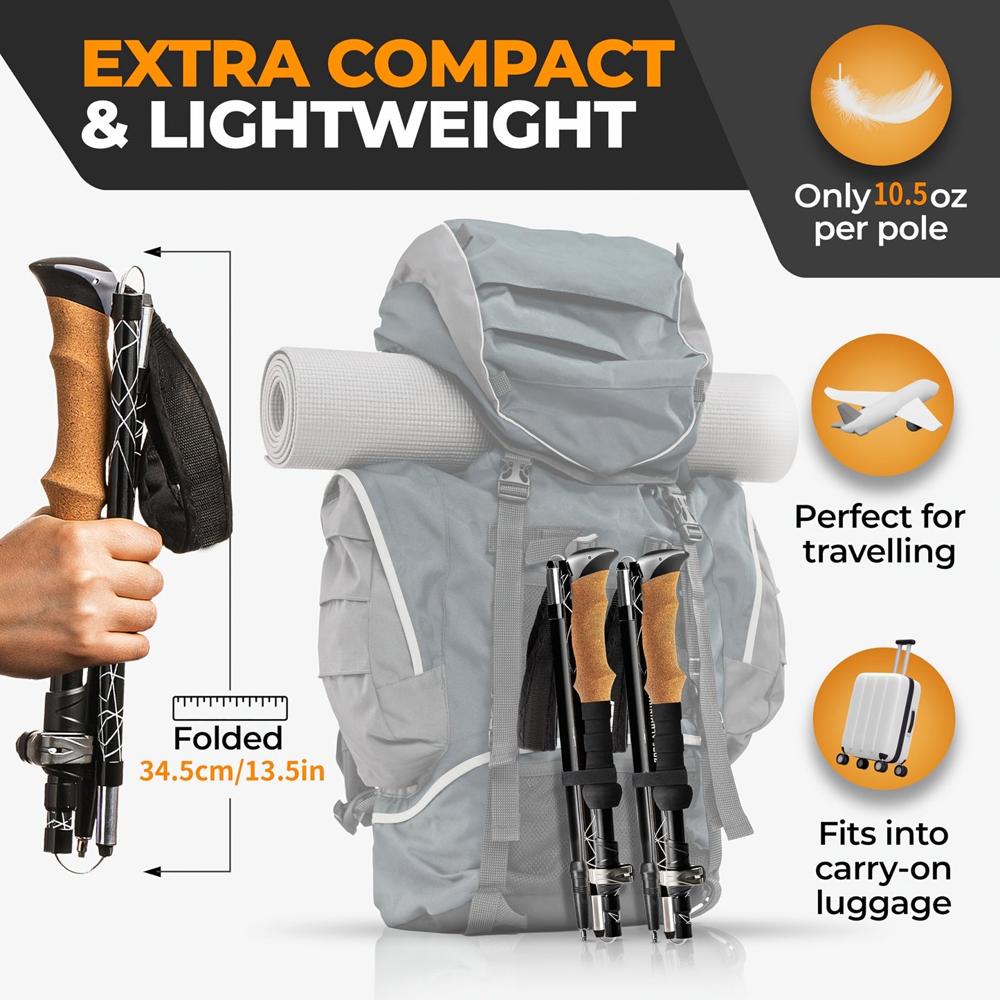 Lightweight Aluminum Trekking Poles 2-Pack – Folding Hiking Sticks with Cork Ergonomic Grip, Sweat-Absorbing Handle, Adjustable Walking Poles for Hiking, Camping & Mountain Travel