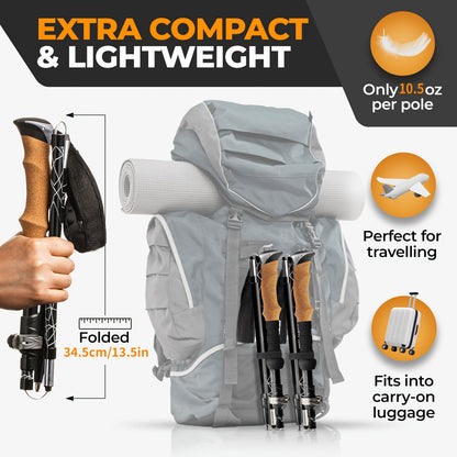 Lightweight Aluminum Trekking Poles 2-Pack – Folding Hiking Sticks with Cork Ergonomic Grip, Sweat-Absorbing Handle, Adjustable Walking Poles for Hiking, Camping & Mountain Travel