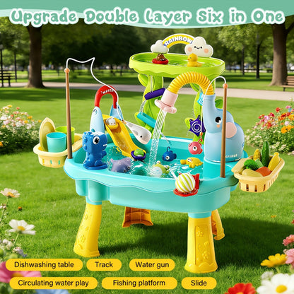 Kids Water Table Toy with Electric Pump & Faucet for Toddlers - Play Sink with Food Accessories & Fishing Toy, Sensory STEM Kitchen Water Play for Boys Girls Ages 3 4 5, Birthday Gift