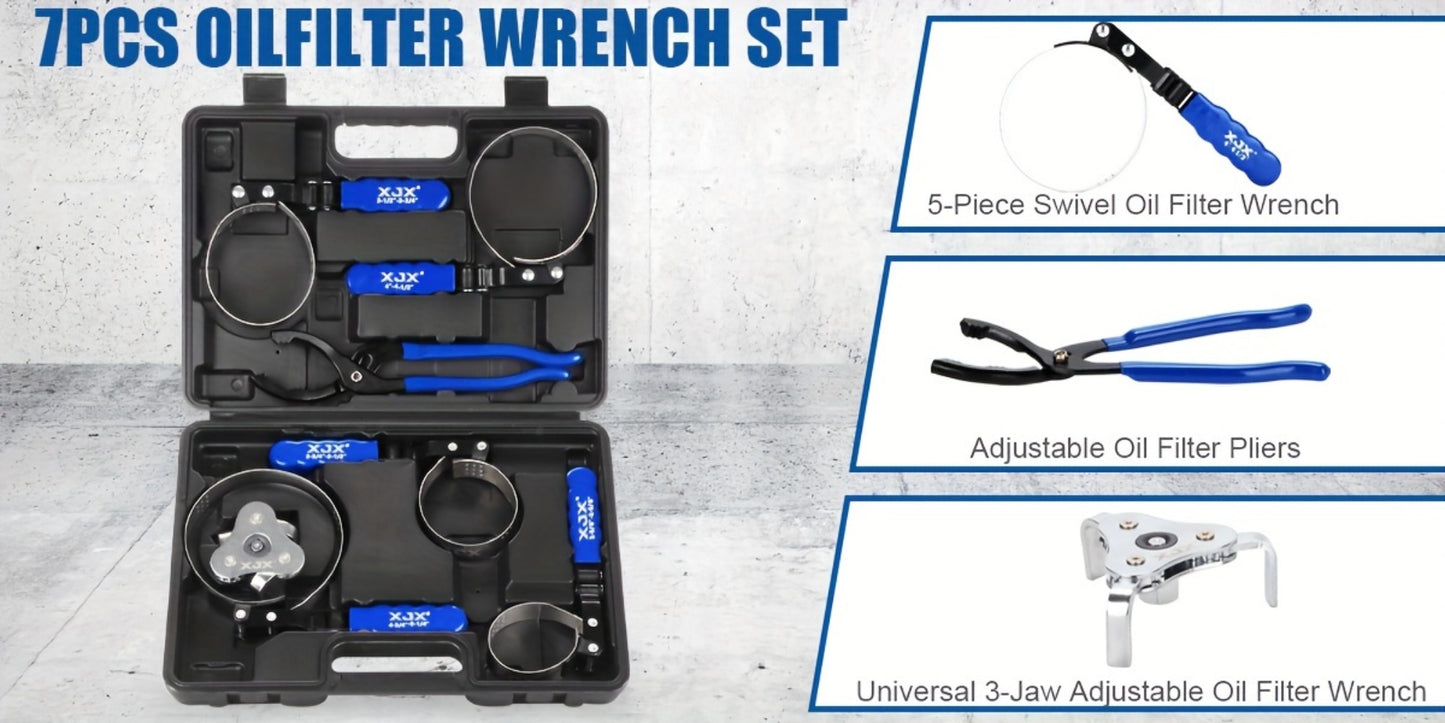 Oil Filter Wrench Set 7 Pcs – Swivel Oil Filter Removal Tool 2-3/8" to 5-1/4" (60-133mm), 12" Adjustable Pliers with 1/2" to 3/8" Adapter & Storage Case for Car & Truck Oil Change