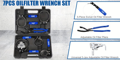 Oil Filter Wrench Set 7 Pcs – Swivel Oil Filter Removal Tool 2-3/8" to 5-1/4" (60-133mm), 12" Adjustable Pliers with 1/2" to 3/8" Adapter & Storage Case for Car & Truck Oil Change