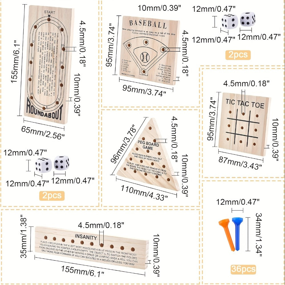 Wooden Board Game Set 5-in-1 – Luban Lock Puzzle Brain Games with Peg Board, Dice & Plastic Pieces, Classic Family Strategy Games Kit for Kids Adults, Educational STEM Toy Gift