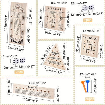 Wooden Board Game Set 5-in-1 – Luban Lock Puzzle Brain Games with Peg Board, Dice & Plastic Pieces, Classic Family Strategy Games Kit for Kids Adults, Educational STEM Toy Gift