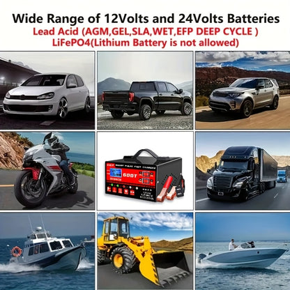 Smart Battery Charger 12V/24V with Pulse Repair & LCD Screen – Trickle Charger & Maintainer for Car, Truck, Motorcycle, Boat, Lawn Mower, Temperature Regulated