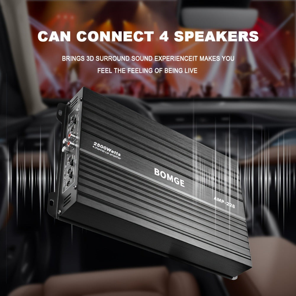 BOMGE 4-Channel Car Amplifier 2500W Max Power for Subwoofers & Speakers Full Range Class AB Vehicle Audio Amp AMP-228 AMP-268-A AMP-268-C for Car Truck SUV Sound System Upgrade