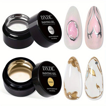 Chrome Mirror Nail Art Liner Gel Set 2pcs Gold & Silver – 3D Metallic Mirror Effect Soak-Off Painting Gel, French Tip & Nail Art Drawing Gel 5ml, Salon & Home Manicure Women