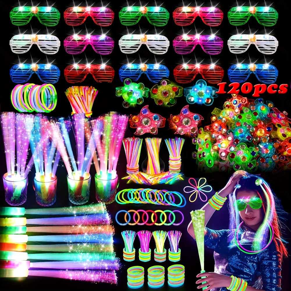 Glow in the Dark Party Supplies 120 Piece Set – Neon Glow Rings LED Glasses Glow Sticks & Fiber Optic Hair Clips for Blacklight Birthday Party, Wedding, Concert, Rave & New Year's Eve