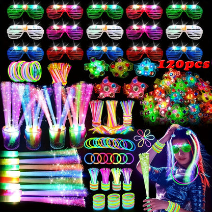 Glow in the Dark Party Supplies 120 Piece Set – Neon Glow Rings LED Glasses Glow Sticks & Fiber Optic Hair Clips for Blacklight Birthday Party, Wedding, Concert, Rave & New Year's Eve