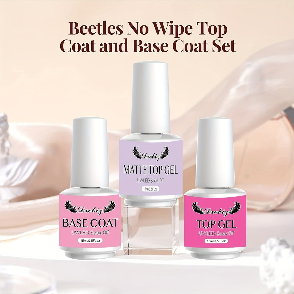Gel Nail Base & Top Coat Kit 3pcs No-Wipe Glossy & Matte Top Coat + Base Gel — Long-Lasting Soak-Off LED Salon Nail Art Complete System 0.51oz Each for Home & Salon