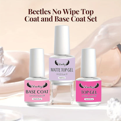 Gel Nail Base & Top Coat Kit 3pcs No-Wipe Glossy & Matte Top Coat + Base Gel — Long-Lasting Soak-Off LED Salon Nail Art Complete System 0.51oz Each for Home & Salon