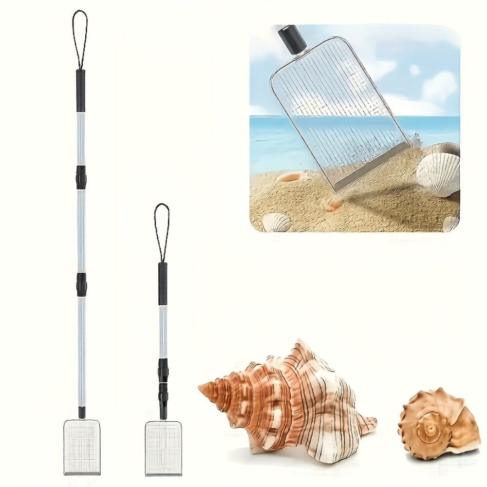 Stainless Steel Beach Sand Sifter with Retractable Telescopic Handle – Portable Sand Sieve for Treasure Hunting, Shell & Conch Collecting | Beach Tool for Kids & Adults, Doubles as Cat Litter Scoop
