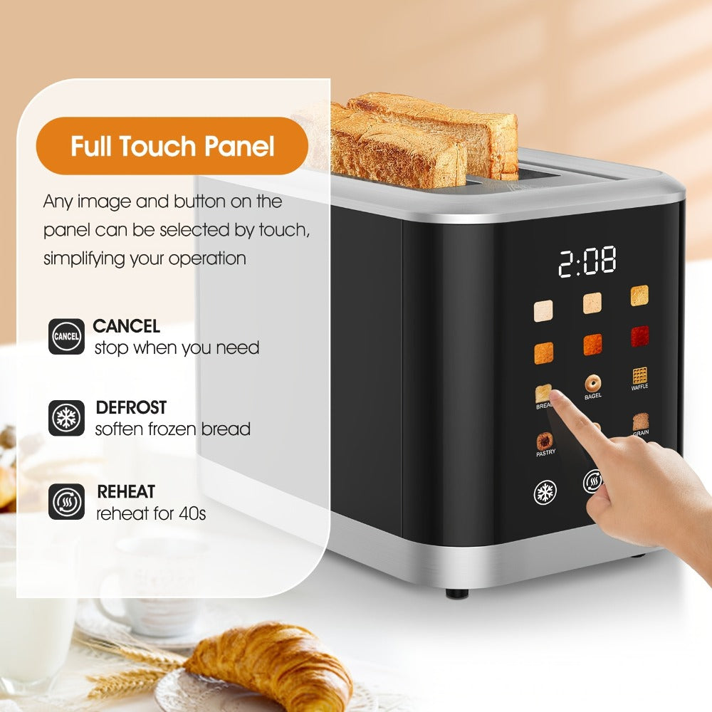 Smart Digital Toaster 2 Slice with Touch Screen LCD Display, 6 Bread Types & 6 Shade Settings, Extra Wide Slots, Stainless Steel – Bagel, Cancel & Defrost Functions for Modern Kitchen