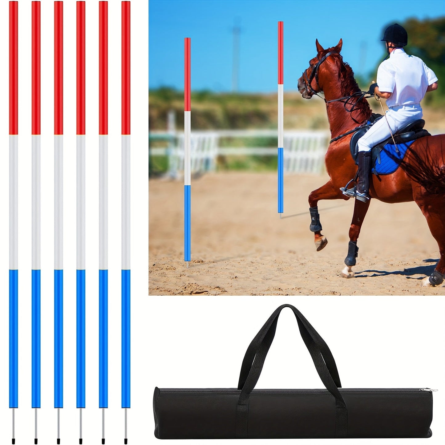 Horse Pole Bending Poles 6pcs 6FT with Carry Bag - Adjustable Equestrian Agility Training Poles for Horses & Dogs, Red White Blue, Barrel Racing & Obstacle Course Training Equipment