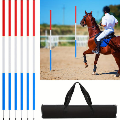 Horse Pole Bending Poles 6pcs 6FT with Carry Bag - Adjustable Equestrian Agility Training Poles for Horses & Dogs, Red White Blue, Barrel Racing & Obstacle Course Training Equipment