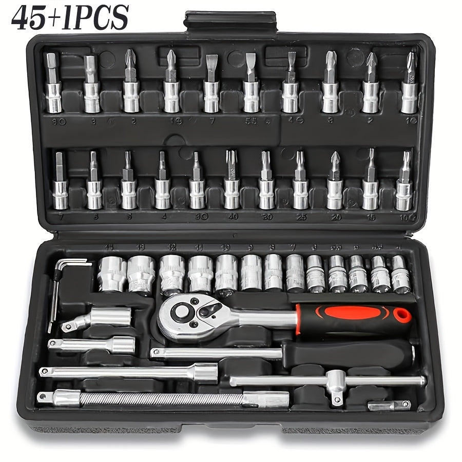 High-end Professional 45+1/44+2/52+1pc Tool Set, Auto/bicycle Repair Machinery Kit, 1/2 Inch *1/4 Inch 3/8 Inch Drive Depth And Standard Wrench Set, Race-grade Auto Parts Repair Ratchet Wrench And Other Auto Repair Accessories Tool Set