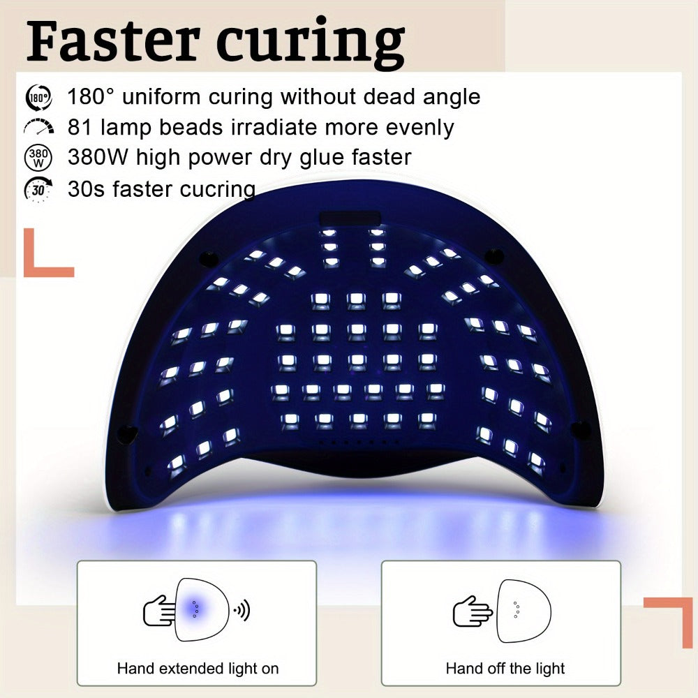380W LED Nail Lamp Auto Sensor LCD Timer 4 Timing Modes 81 LED Beads Fast Gel Curing USB Powered One-Touch Button Low Heat Mode Home Salon Manicure Pedicure All Gel Polish