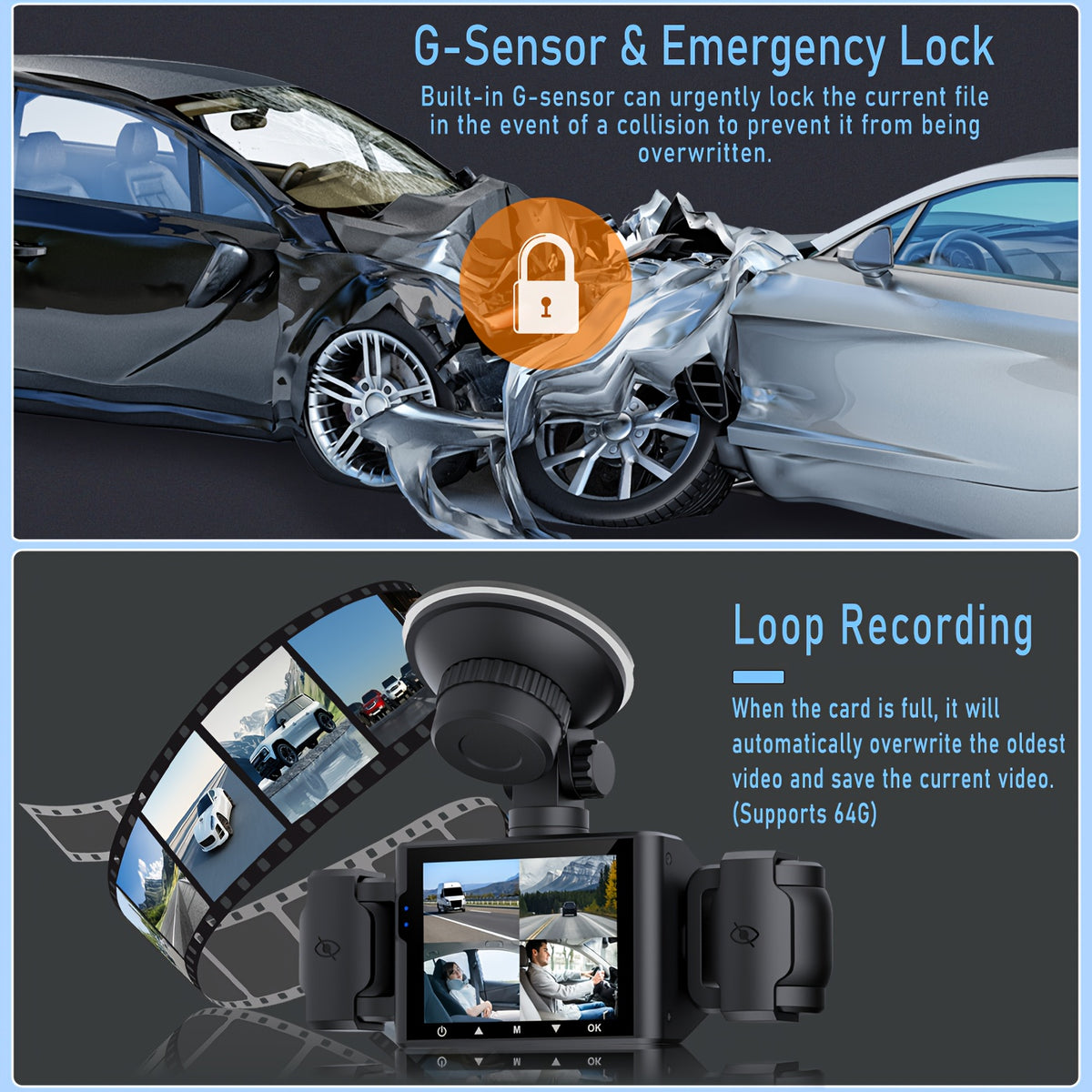 360° 3/4-Lens WIFI FHD 1080P Dash Cam for Cars, 1080P Front And 720P Left/Right/Rear Camera, Wide-Angle, Adjustable Lens, Audio, Loop Recording, G-Sensor, Enhanced Night Vision And Motion Detection - Free 64GB Memory Card for Extended Recording