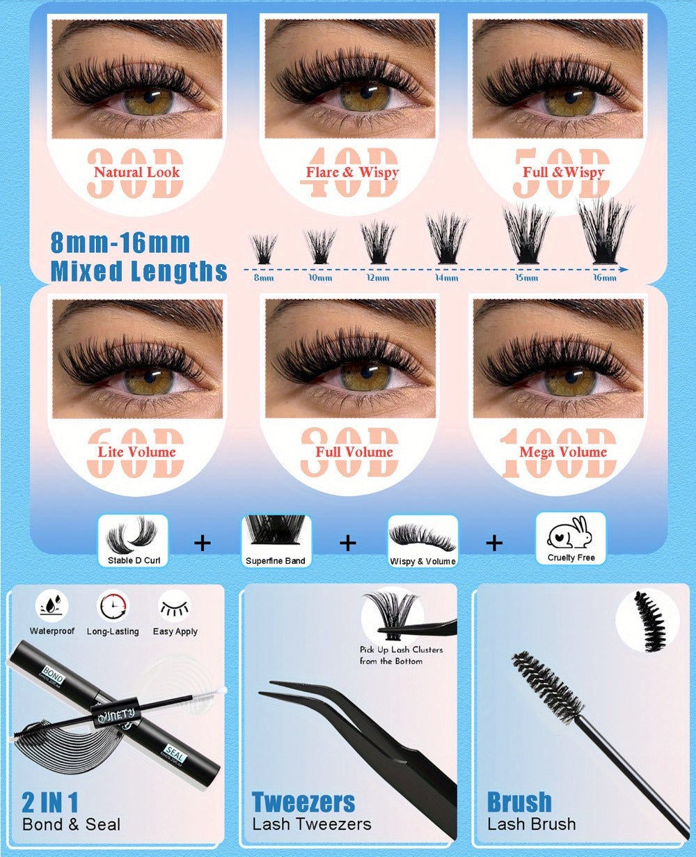 Complete 720-Piece Handmade Cluster Lash Kit with Glue & Tweezers — 30D to 100D, 6 Styles & Lengths, Lightweight No-Irritation Formula for Natural & Volume DIY Eyelash Extensions
